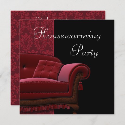 Red Damask Sofa House Party Invitation (Devant / Derrière)