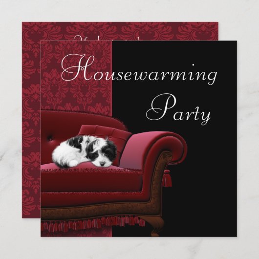 Red Damask Sofa House Party Invitation (Devant / Derrière)