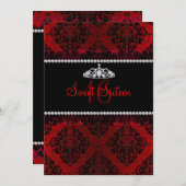 Red Damask & Tiara Sweet sixteen Invitation (Devant / Derrière)