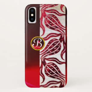 RED DAMASK VELVET TULIPS MONOGRAM Burgundy White iPhone X Hoesje