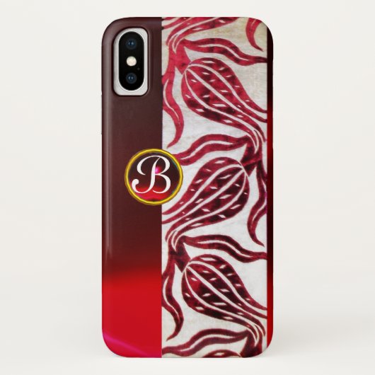 RED DAMASK VELVET TULIPS MONOGRAM Burgundy White Case-Mate iPhone Case (Achterkant)
