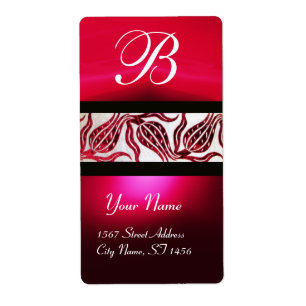 RED DAMASK VELVET TULIPS MONOGRAM Burgundy White Etiket