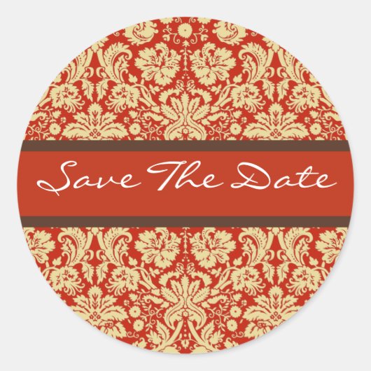 Red Damask Wedding Save the Date Sticker (Voorkant)