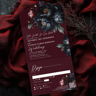 Red Dark Moody Black Peony Gothic Wedding QR-code All In One Uitnodiging