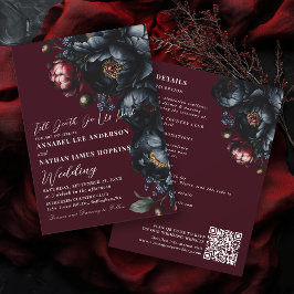 Red Dark Moody Peony Gothic Wedding QR-code Kaart