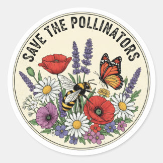 Red de Bestuiver met bij, vlinder & bloemen Ronde Sticker