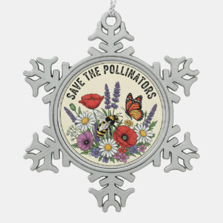 Red de bestuiver met bij, vlinder & bloemen tin sneeuwvlok ornament