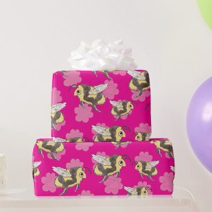 Red de bijen op een roze bloemige achtergrond cadeaupapier