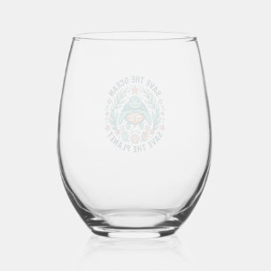 Red de Oceaan Zeeschildpad Vintage Gravure Shirt_ Wijnglas Zonder Voet