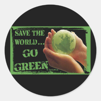 RED DE WERELD EN WORD GROEN RONDE STICKER
