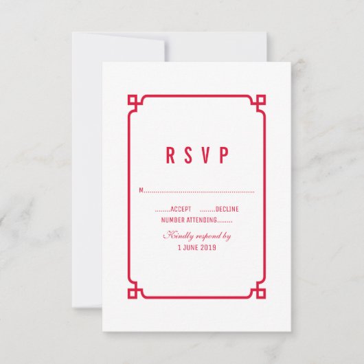 Red Deco Chic Wedding RSVP Kaartje (Voorkant)