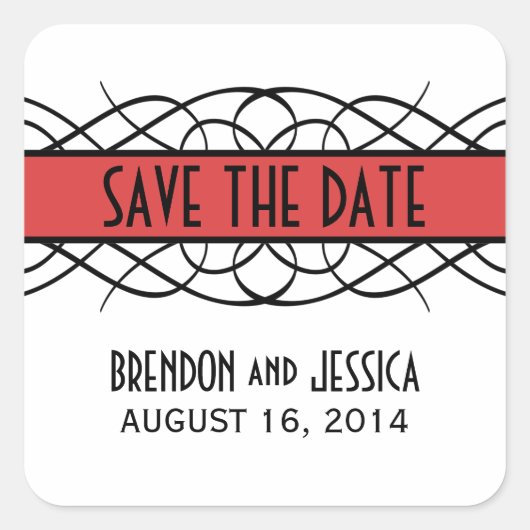 Red Deco Flourish Save the Date Stickers (Devant)