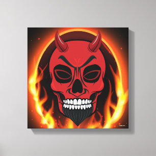 Red Devil Skull Skeleton met vuur en vlammenkunst Canvas Afdruk