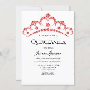 Red Diamond Tiara Quinceanera Party Invite Kaart