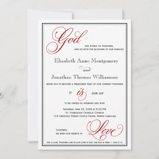 Red Dieu est Amour Mariage chrétien Invitations (Devant)