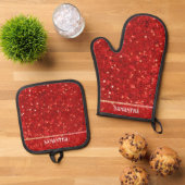 Red Digital Glitter & Sparkles Ovenwant & Pannenlap Set (Top down)