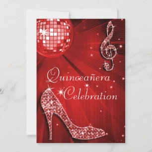 Red Disco Ball en Sparkle Heels Quinceañera Kaart
