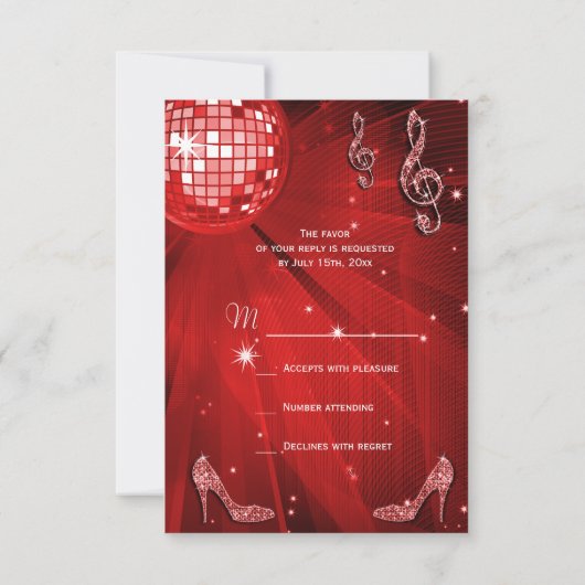 Red Disco Ball Sparkles Heures RSVP (Dos)