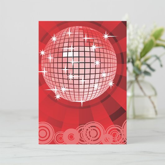 Red Disco Party Theme met sterren en glitterbal Kaart