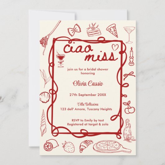 Red Doodle Ciao Miss Italian Bridal Shower Kaart (Voorkant)