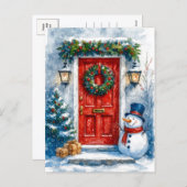 Red Door with Snowman Cozy Christmas Postcard Feestdagenkaart (Voorkant / Achterkant)