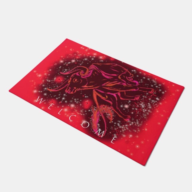 Red Doormat Bull Running At Starry Night Welcome Deurmat (Schuin)