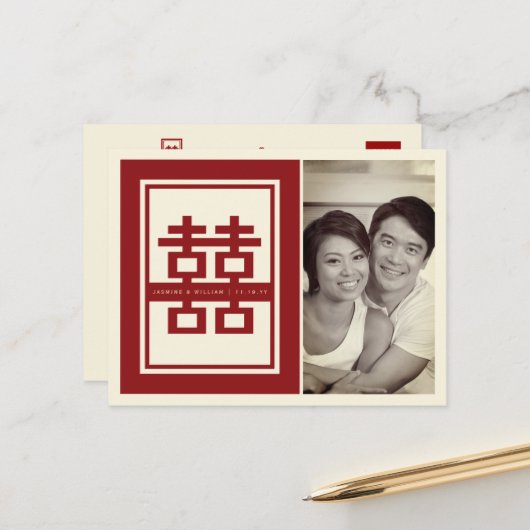 Red Double Happiness Chinese Wedding Save the Date Aankondigingskaart (Voorkant / Achterkant in situ)