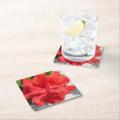 Red Double Hibiscus Flower Vierkante Kartonnen Onderzetter (Insitu)