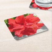 Red Double Hibiscus Flower Vierkante Kartonnen Onderzetter (Schuin)