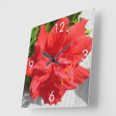 Red Double Hibiscus Flower Vierkante Klok (Hoek)