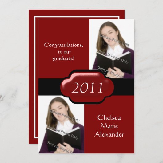 Red Double Photo Graduparty-uitnodiging Kaart (Voorkant / Achterkant)
