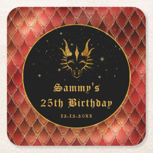 Red Dragon Schalen Gouden Faux Glitter Verjaardag Vierkante Kartonnen Onderzetter