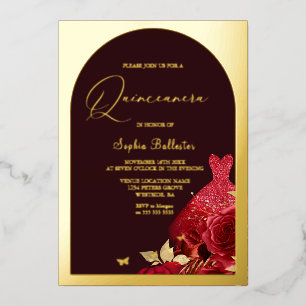 Red Dress Burgundy & Gold Floral Quinceanera Gold Folie Uitnodiging