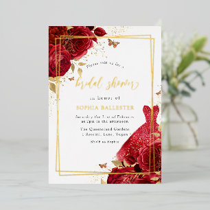 Red Dress & Flowers Gold Foil Vrijgezellenfeest Folie Uitnodiging