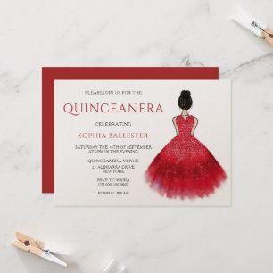 Red Dress Gown Wonderland Quinceanera Kaart