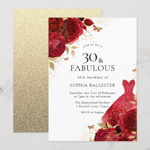 Red Dress & Rozen Gold Glitter 30th Birthday Kaart