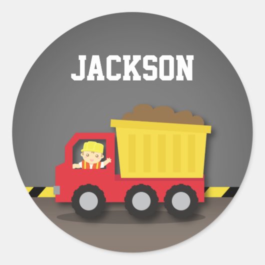 Red Dump Truck Construction Builder Boy Ronde Sticker (Voorkant)