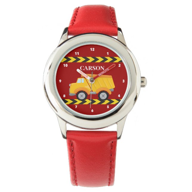 Red Dump Truck Custom Boys Naam Kinder Horloge (Voorkant)