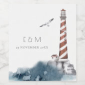 RED DUSKY BLUE LIGHTHOUSE ZEE MONOGRAM WEDDING FA WIJN ETIKET (Enkel label)