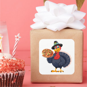 Red een kalkoen, eet pizza Grappig gelukkig thanks Vierkante Sticker