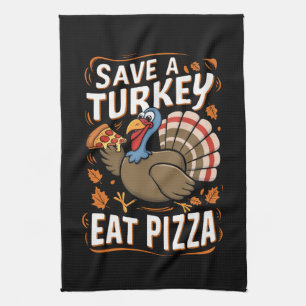 Red een kalkoen eet pizza grappige Thanksgiving ko Theedoek