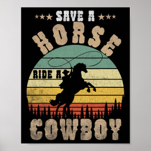 Red een paard dat een cowboy Funny Horse Riding Ma Poster