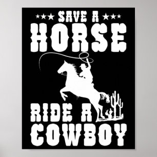 Red een paard dat een cowboy Funny Horse Riding Ma Poster
