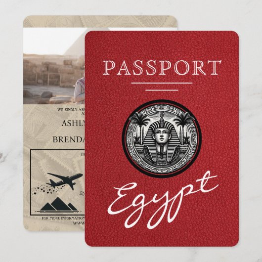 Red Egypt Passport Wedding Invitation (Devant / Derrière)