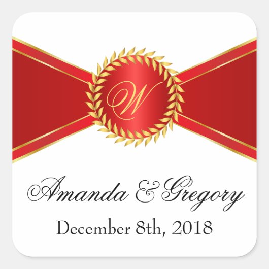 Red Elegance Monogram Vierkante Sticker (Voorkant)