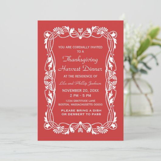 Red Elegant Bordure Thanksgiving Invitation (Debout devant)