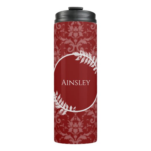 Red Elegant Damask gepersonaliseerde thermische tr Thermosbeker (Voorkant)