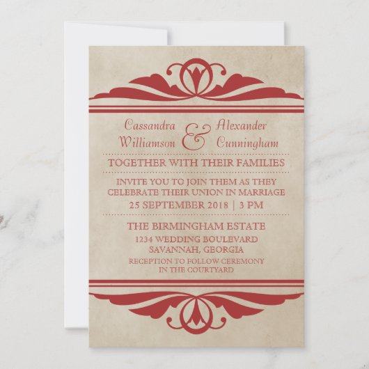 Red Elegant Deco Wedding Invite Kaart (Voorkant)