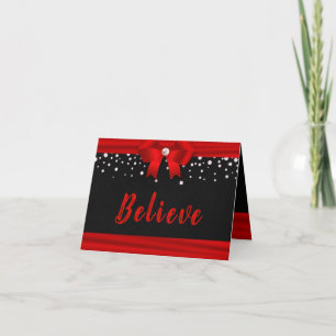 RED Elegant Ribbon BELIEVE tekst op zwart Kaart