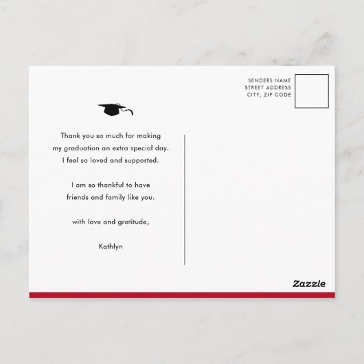 Red Elegant Script Chic Photo Afstuderen Hartelijk Briefkaart (Achterkant)